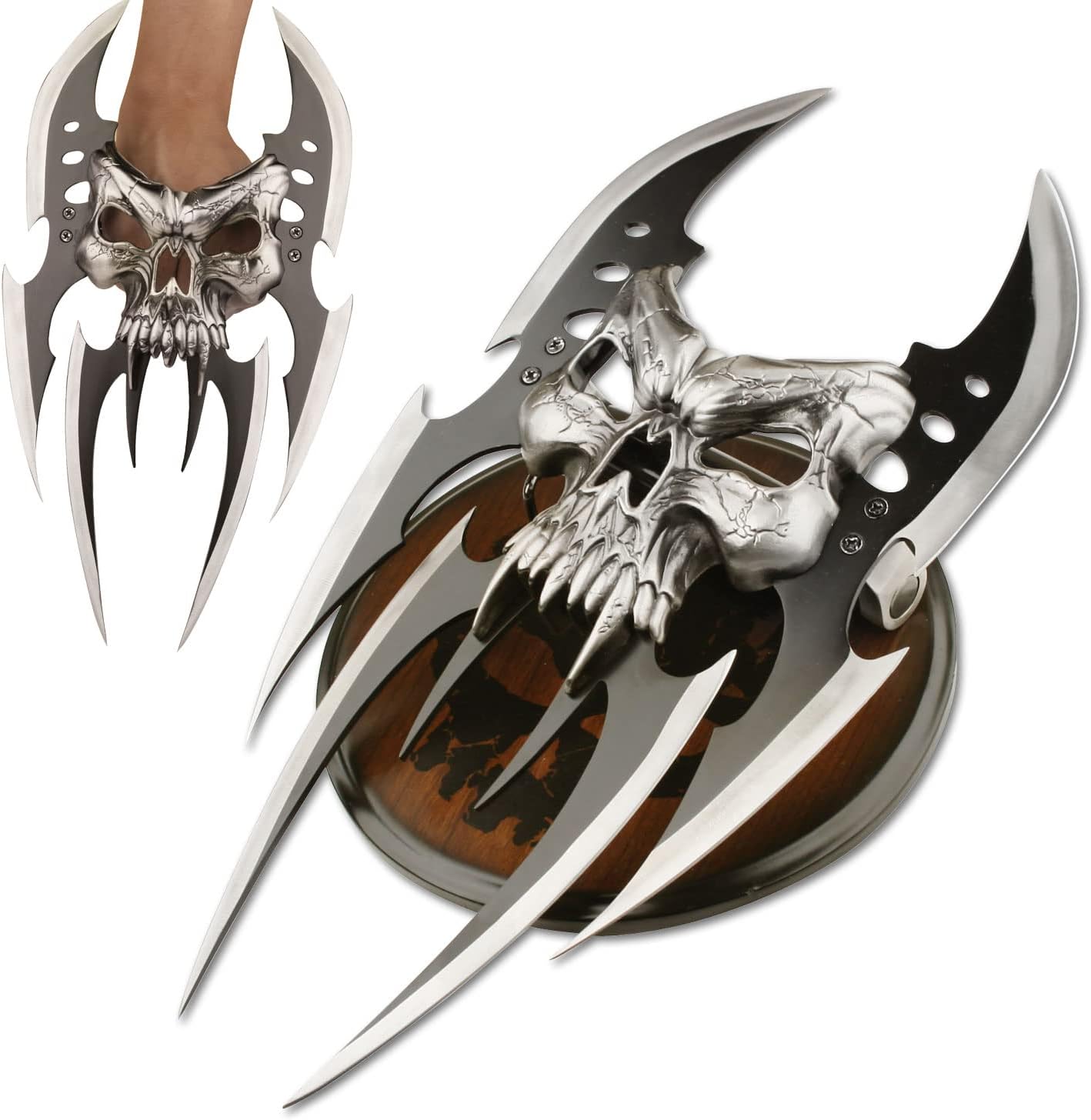 Fantasy Claw Display Knife – Black and Satin Finish Stainless Steel Blades, Cast Metal Skull, Includes Wood Display Stand, Collectible, Self Defense – MC-2091, 13-Inch