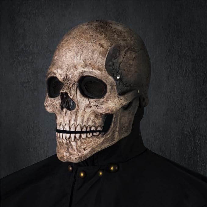 Creepy Halloween Full Head Skull Mask with Movable Jaw, Adult Entire Head Realistic Latex Helmet, Scary Skeleton