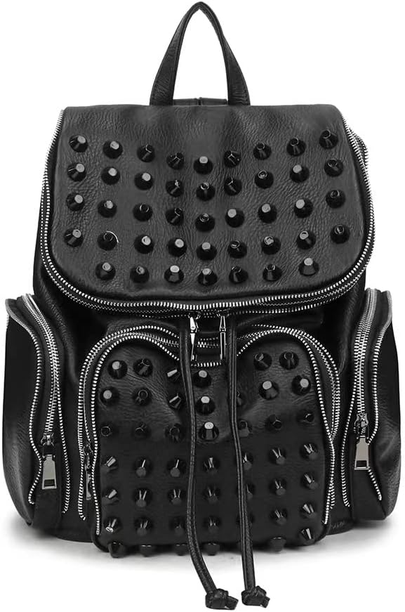 Chikencall Big Studded Backpack Black Gothic Rucksack Drawstring Punk Daypack Travel Rivet Shoulder Purse