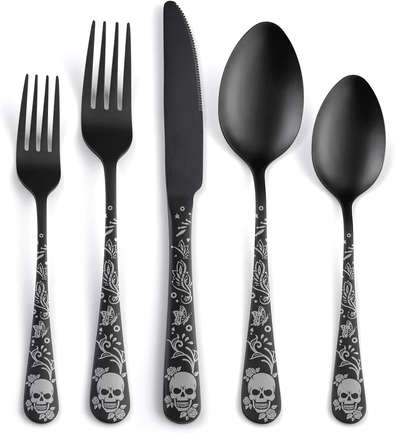 40 Piece Skull Pattern Matte Silverware Set for 8, Black Flatware set Service for 8,Gothic Unique Skull Pattern Design,18/0 Stainless,Satin Finish Cutlery for 8,Dishwasher Safe