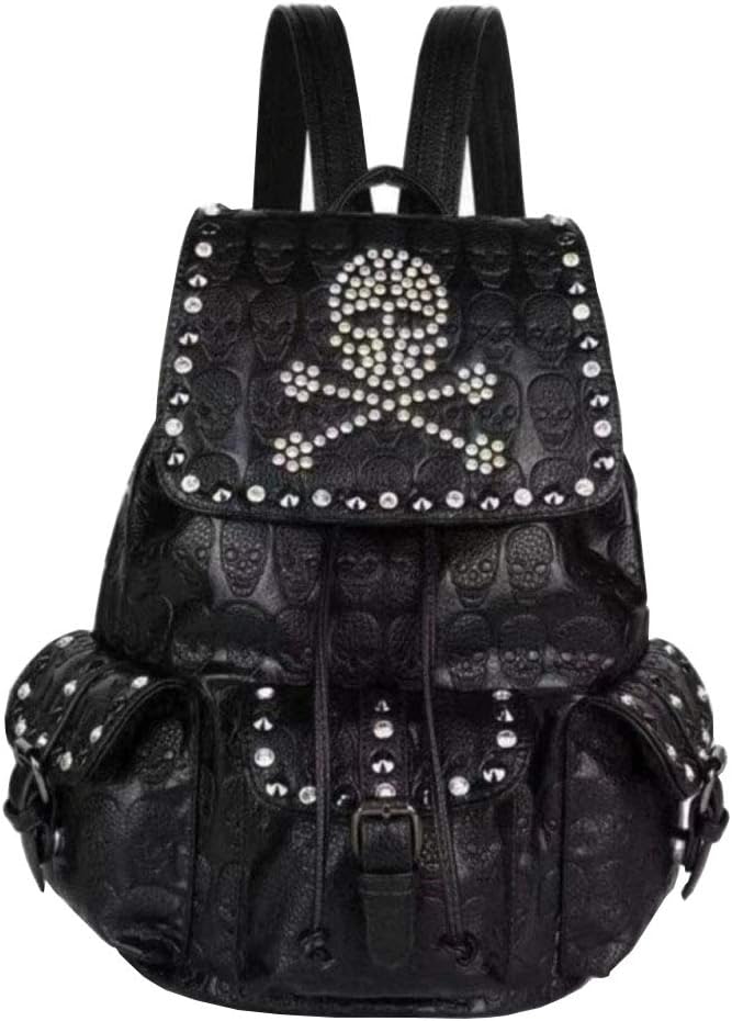 Women Rivets Backpack Rucksack Rhinestones Daypack Multi-pocket Purse Shoulder Bag Black