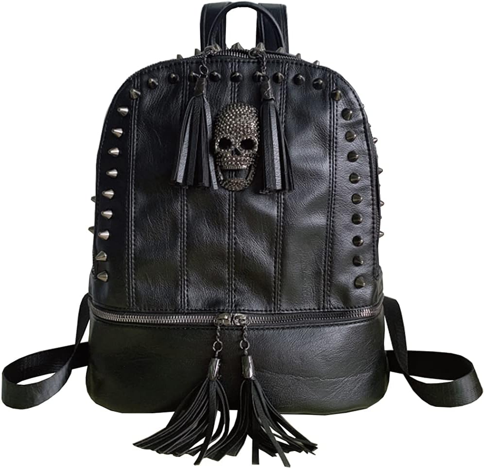 Women Skull Backpack Rivet Studded Fashion Daypack Gothic Purse Tassel Zipper (Slivet Round Rivet)