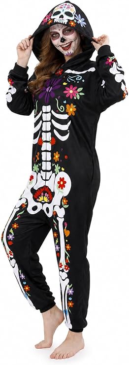 Adult Floral Skeleton Onesie Costume - One-Piece Pajama for Halloween Women