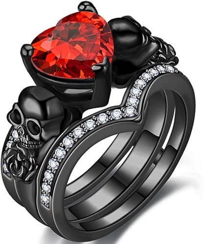 Gothic Skull Black Rings Set Women Rose Flower Red Purple Heart Love Zircon Crystal Christmas Anniversary Engagement Cocktail Party Biker Gift Jewelry