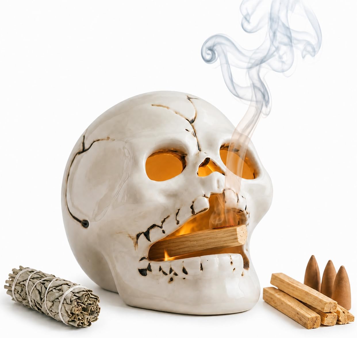 Skull Ceramic Incense Burner Holder, Gothic Skeleton Head Palo Santo Burner