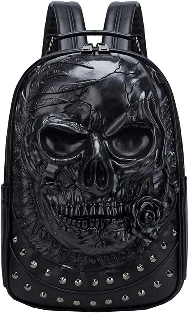 3D Skull Pu Leather Shoulder Backpacks Small Travel Bags Black