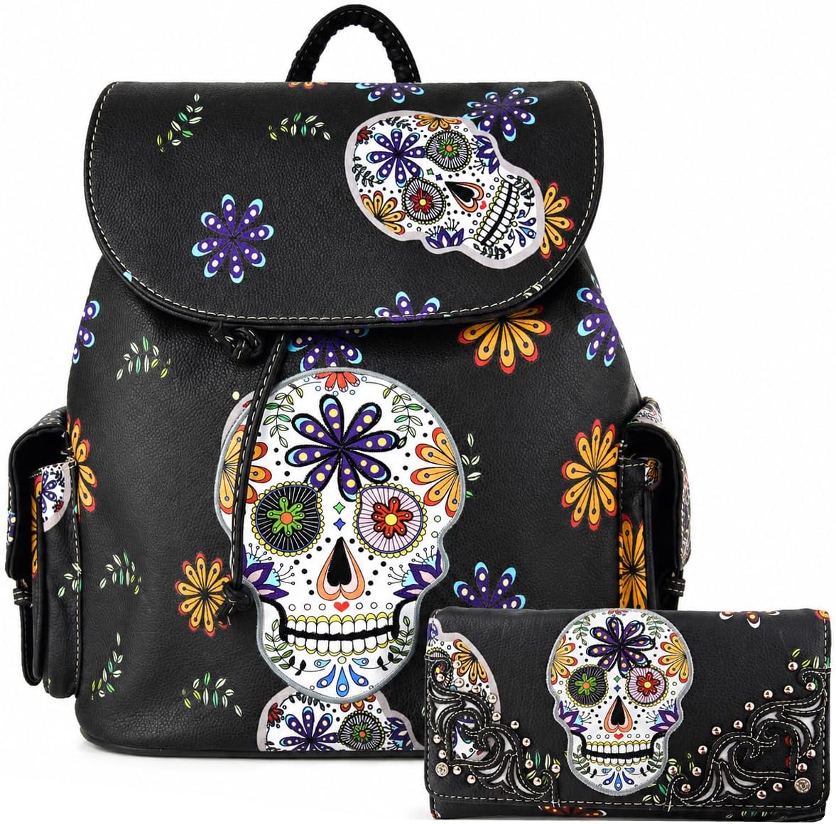 Western Trendy Gothic Skull Backpack Purse and Wallet Set for Women (Black Set)