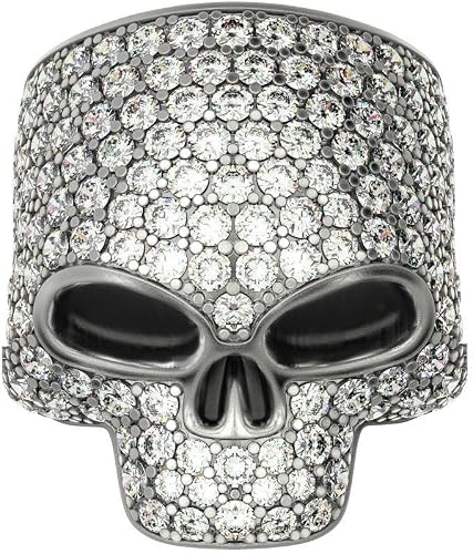 Skull Ring Full Iced Out VVS1 Moissanite Diamond Men Hip Hop Black Eneamel Eyes Skeleton Skull Head Ring Handmade Biker Rider Halloween Jewelry Gift For Him
