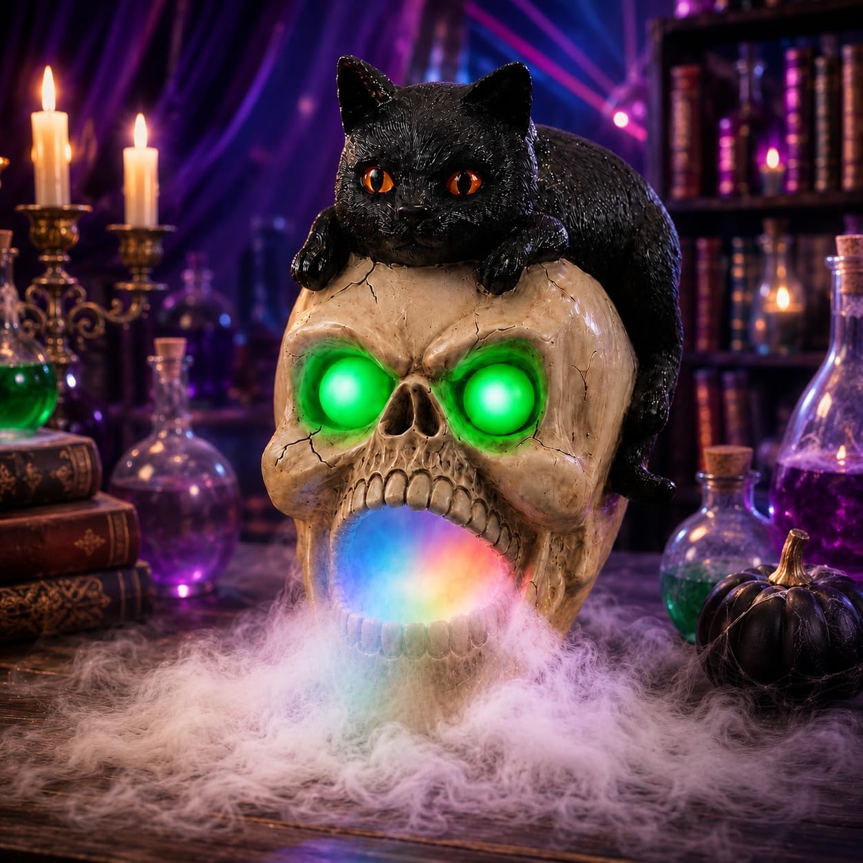 Halloween Skull Statue with Black Cat, Plug-in Fog Machine Prop with LED Glowing Eyes, Hand-Painted Resin Gothic Centerpiece for Fireplace Mantel