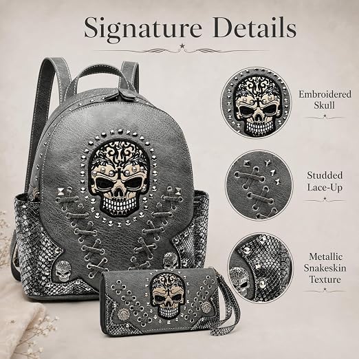 Gothic Skull Backpack Purse and Wallet Set for Women