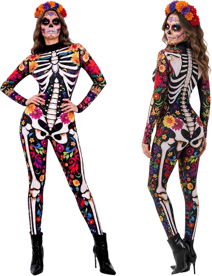 Long sleeve graphic printed tight bodysuit, gothic floral halloween costume retro sugar skull festive outfits