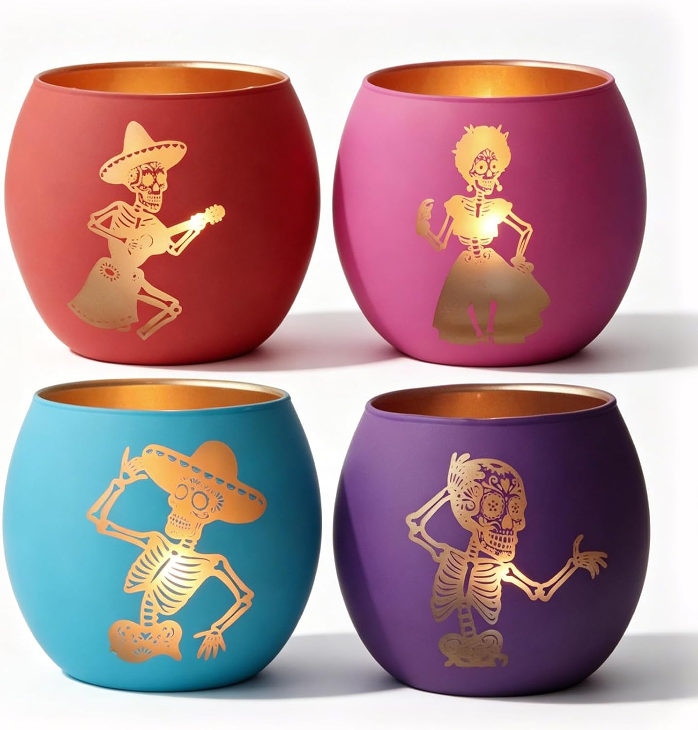 Day of the Dead Colorful Votive Candle Holders,Skull Glass Votive Holders 4-Pack