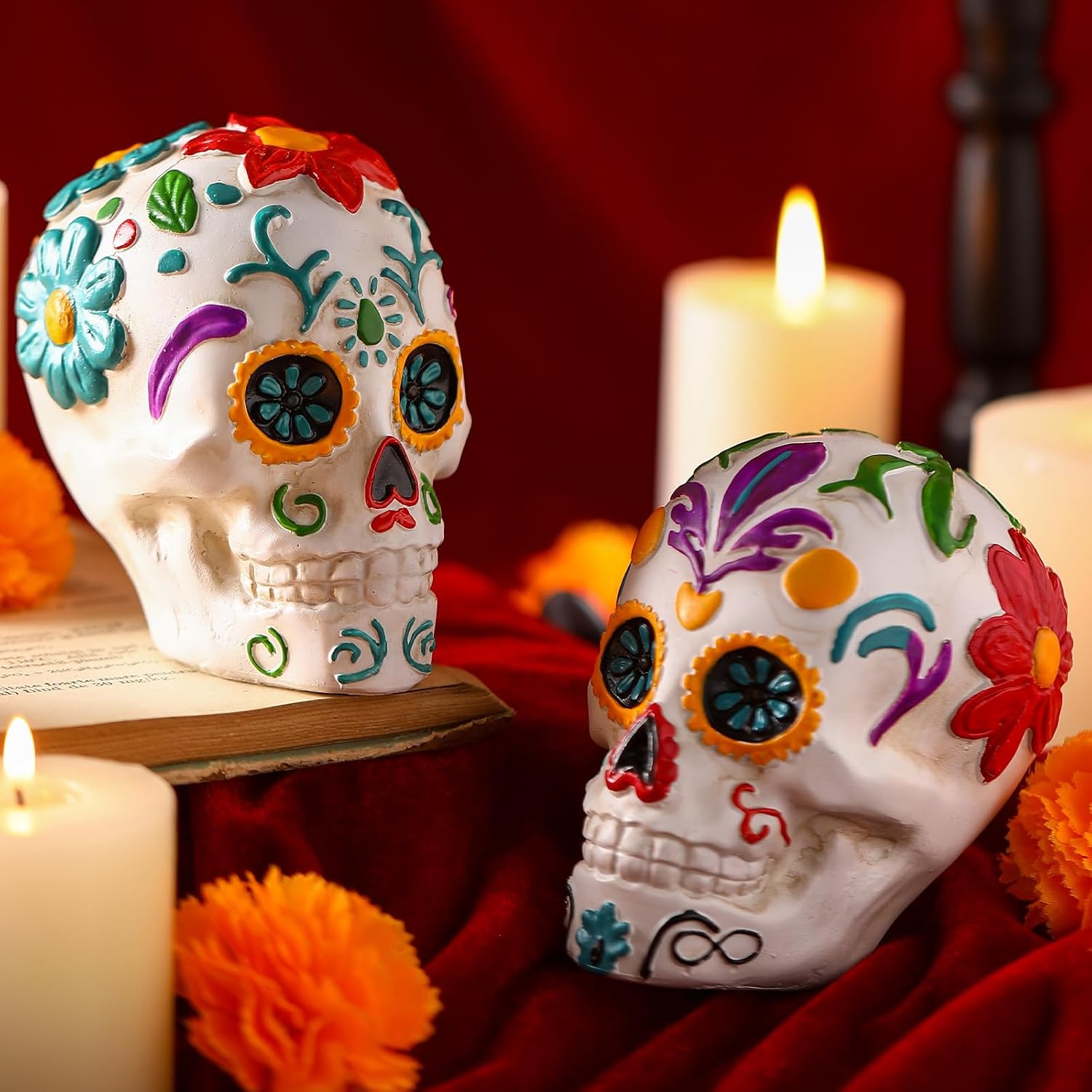 2 Pcs Day of the Dead Sugar Skull Resin Figurine 4.3", Flower