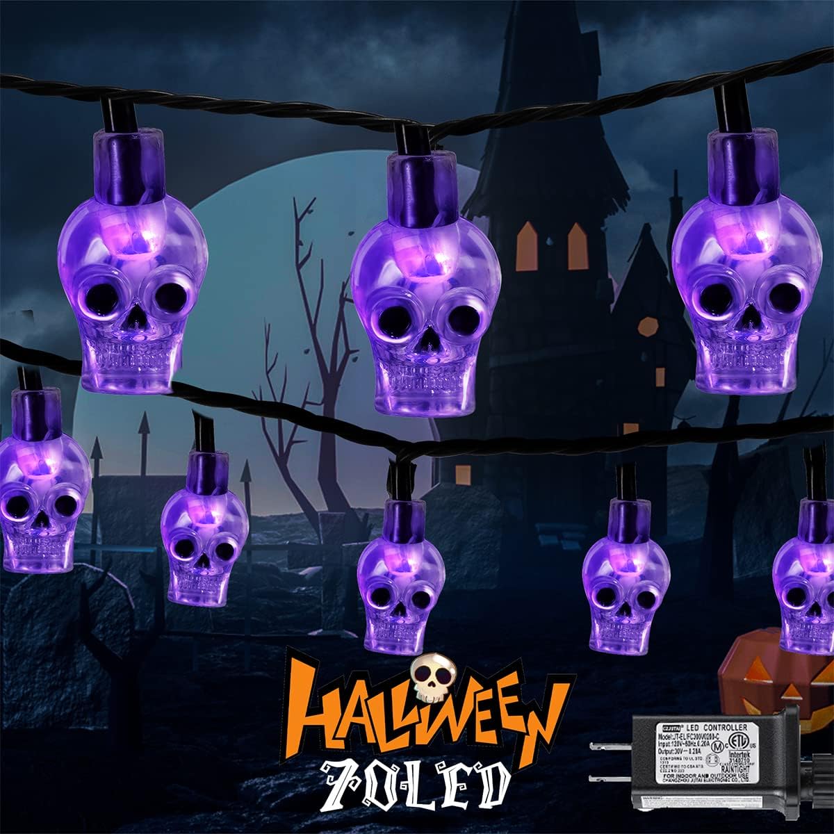 70 LED Skull String Lights – 22.6ft Plug in Halloween String Light for Outdoor and Indoor Decor – Spooky Lighting for Patio, House, Bedroom, Parlor, Halloween Party Decorations (Purple)
