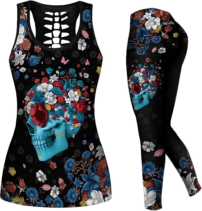 Women’s Sugar Skull Yoga Outfits for Women 2 Piece Sets, Summer Tank Tops Leggings Workout Activewear for Girls