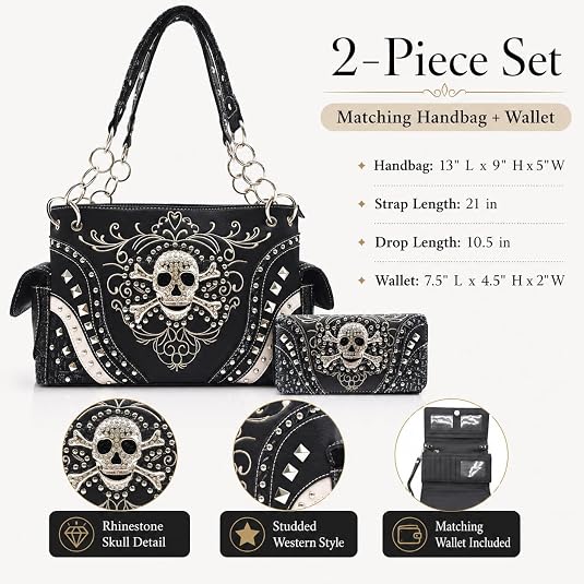 Western Trendy Rhinestone Gothic Skull Purse and Wallet Set for Women
