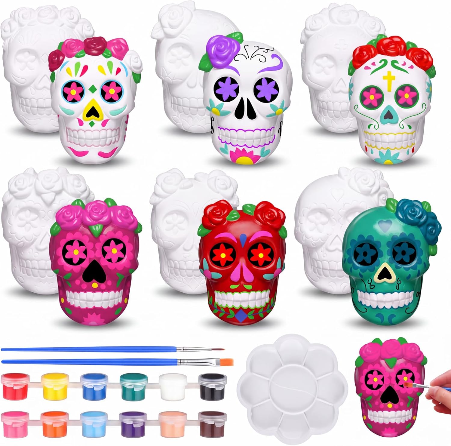 Eersida 6 Sets Halloween Sugar Skull Ceramic to Paint Crafts DIY