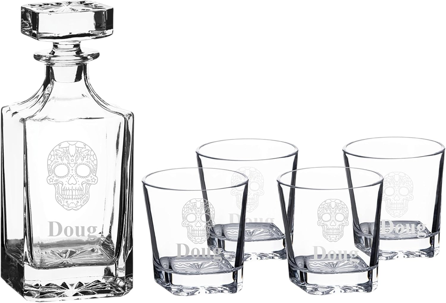 750ml Decanter Set - Sugar Skull Day of the Dead - with four 11oz glasses