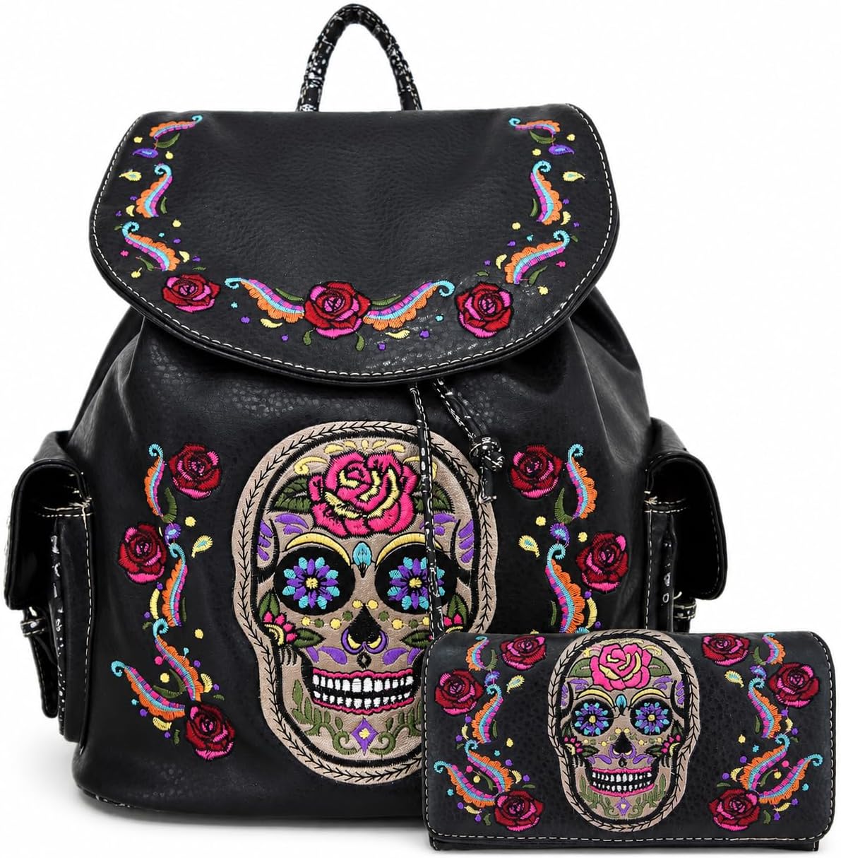 Western Trendy Gothic Skull Backpack Purse and Wallet Set for Women