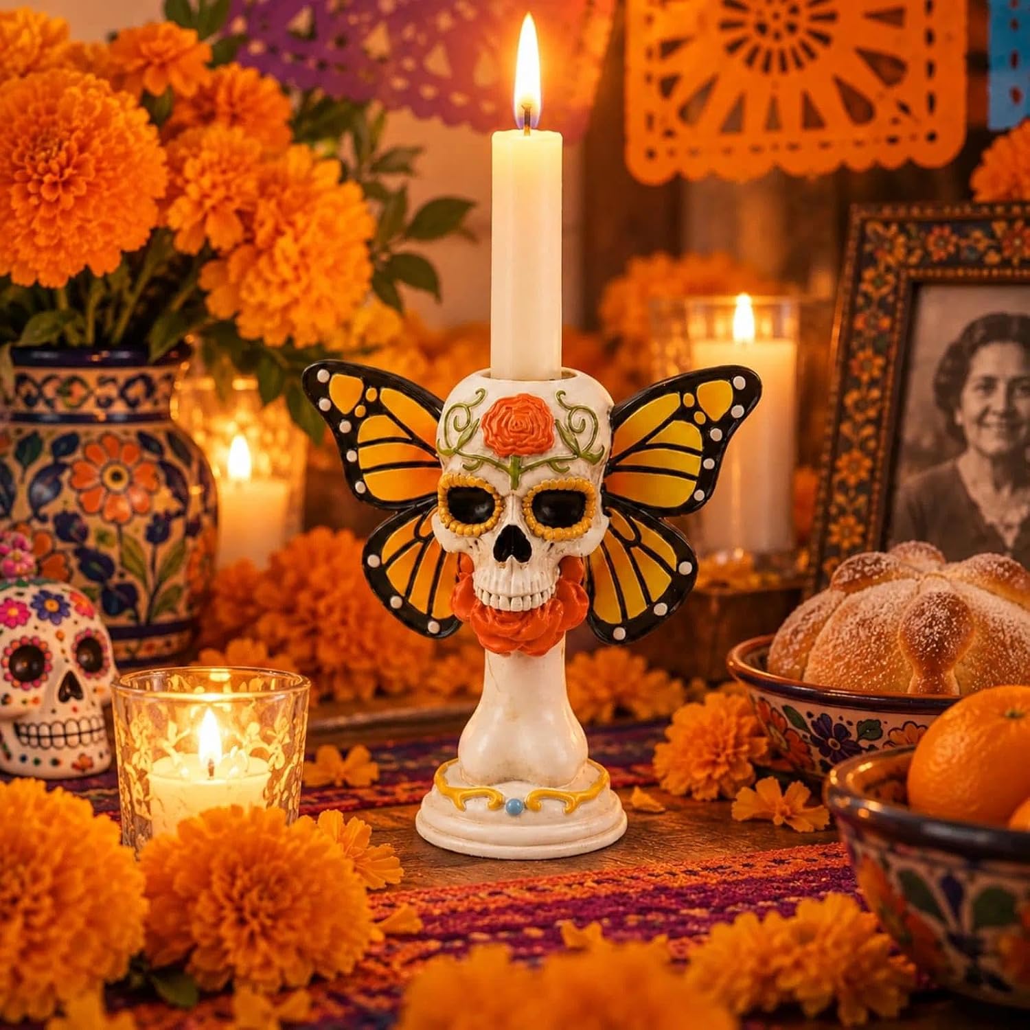 Sugar Skull Monarch Butterfly Figurine with Taper Candle Holder