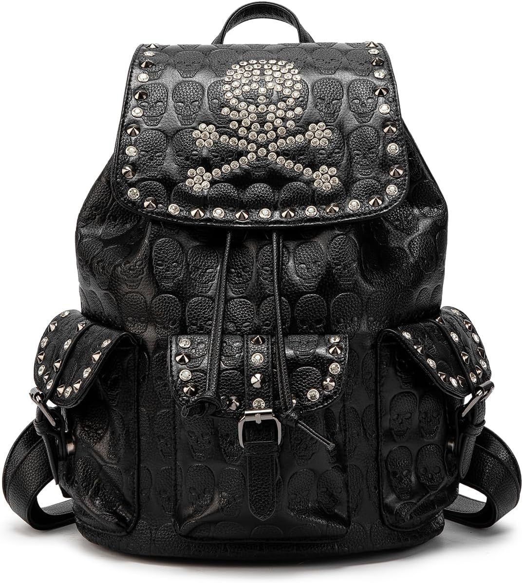 Gothic Backpack for Women & Men - 3D Skull Embossed Leather, Rhinestone Studded Flap, Multi-Pocket Daypack, Festival Bag, Punk Rock, Alternative Style