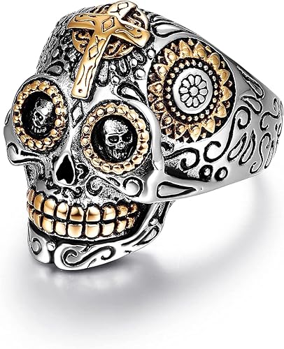 Sugar Skull Rings for Men Women, Stainless Steel Day of the Dead Mens Jewelry, Cool Biker Gothic Ring Christmas