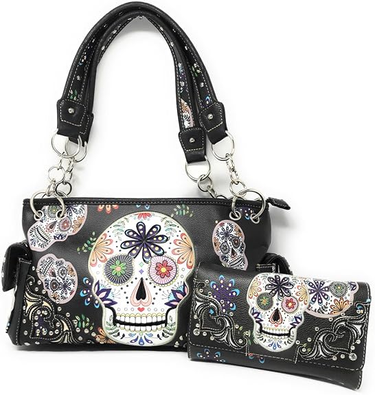 Texas West Women’s Embroidered Metal Skull Purse Handbag and Wallet set in 7 colors