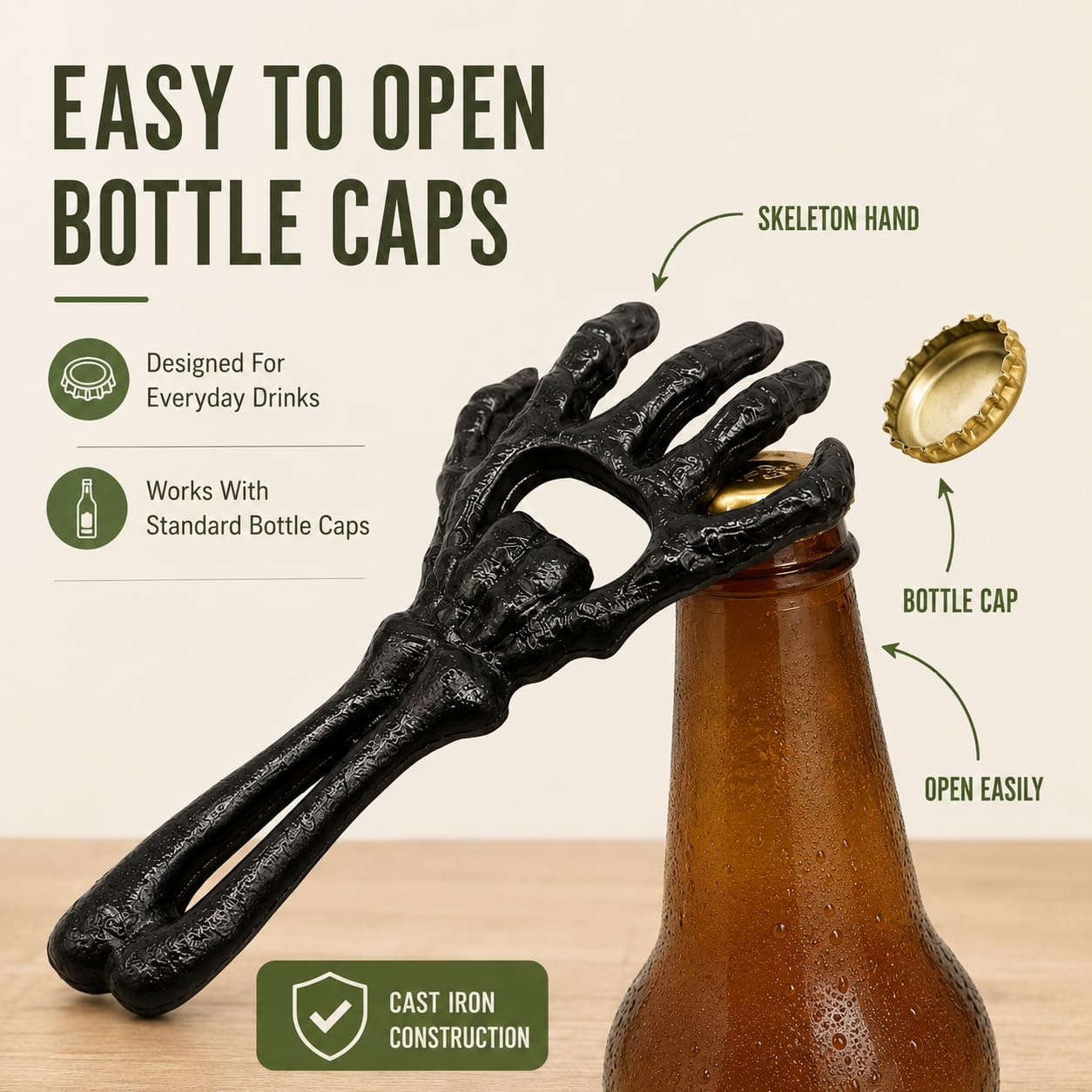 2-Pack Skeleton Hand Bottle Opener, Cast Iron Cap Opener