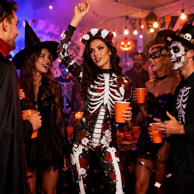 Women's Day of the Dead Flower Skeleton Jumpsuit with Headband