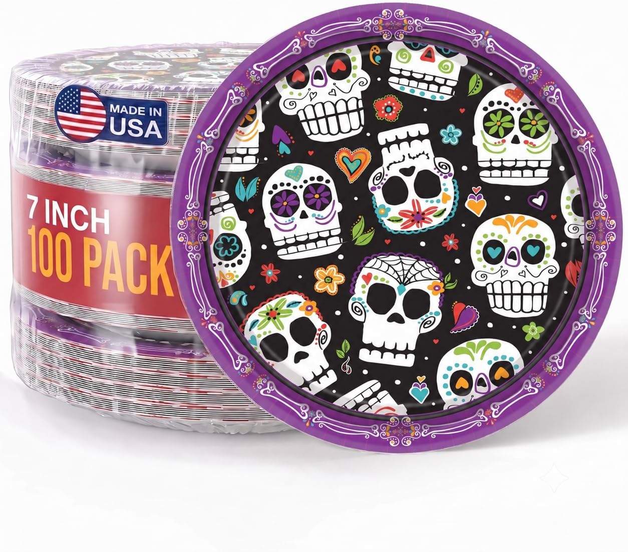 Exquisite Party Solids Halloween Plates Sugar Skull Day of Dead 96 Ct 7″