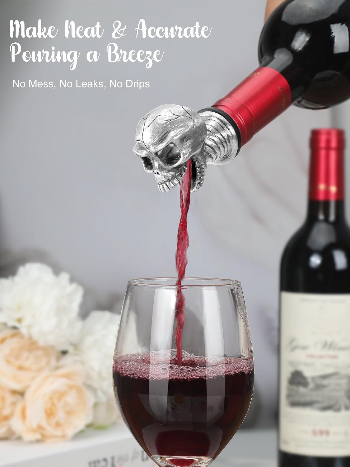 Skull Wine Pourer Spout for Bottles, Skeleton Head Liquor Pourer Stopper for Halloween Party, Gothic Bar Accessories for Wine Whiskey Spirits, No Drip Wine