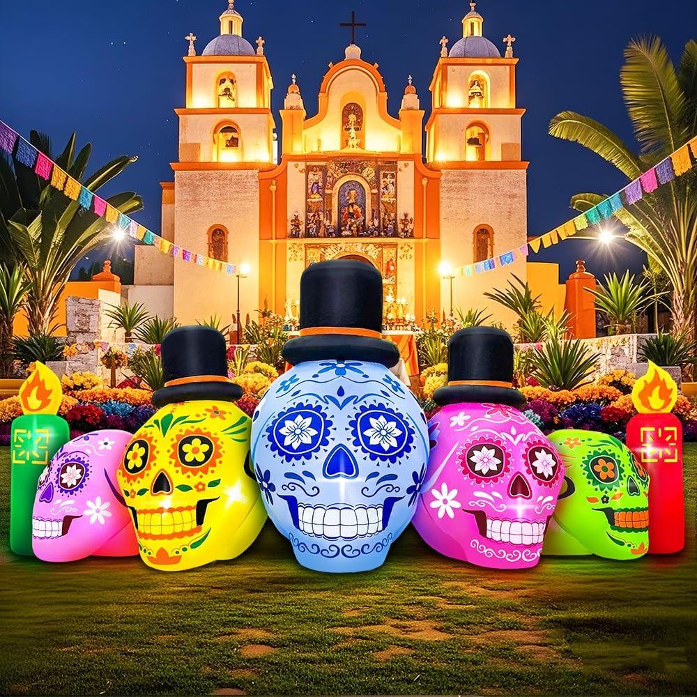 Halloween Inflatable Blow Up Decorations, Dia de Los Muertos Decorations, Day of Dead Inflatable Sugar Skull Dia de Los Muertos