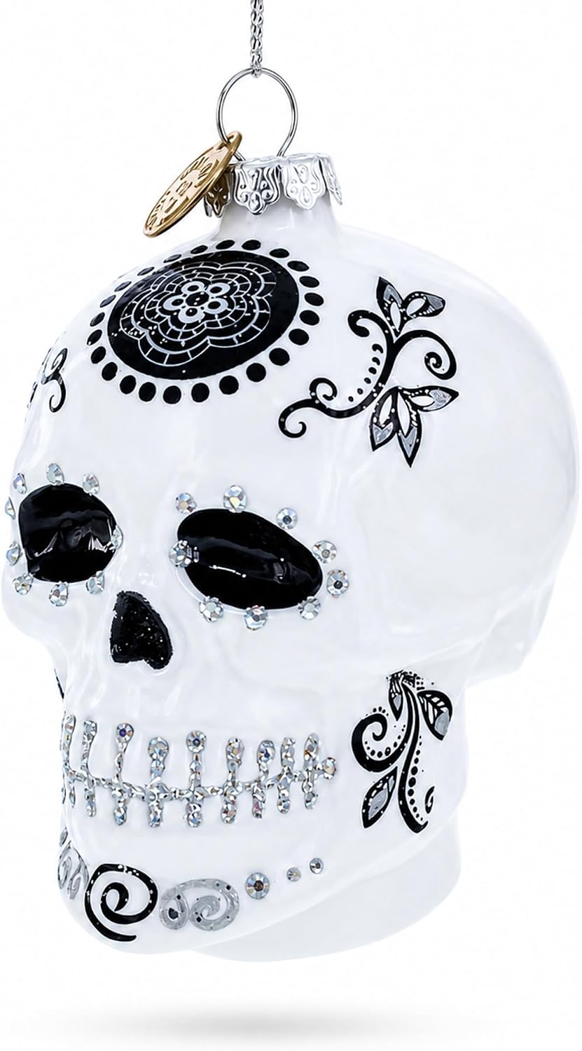 Day of the Dead Sugar Calavera Skull Glass Christmas Ornament