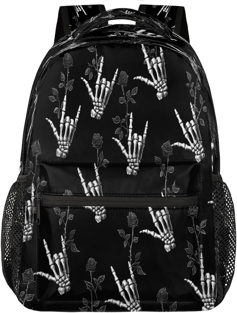 Hand Skull Rose Backpack for Kids Girls Boys 16inch School Backpacks Lightweight Laptop Backpack Large Capacity Bookbag Waterproof Travel Daypack