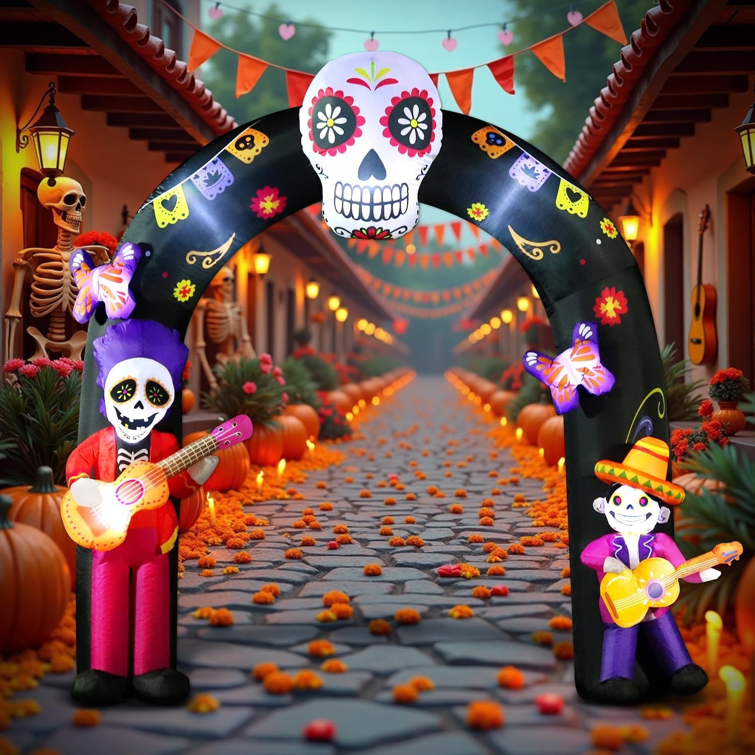 Halloween Inflatable Blow Up Decorations Archway, Day of the Dead Inflatable Arch, Dia De Los Muertos Yard Decorations, Sugar Skull Guitar Skeleton, Built‑in LED Lights, Outdoor Lawn Garden
