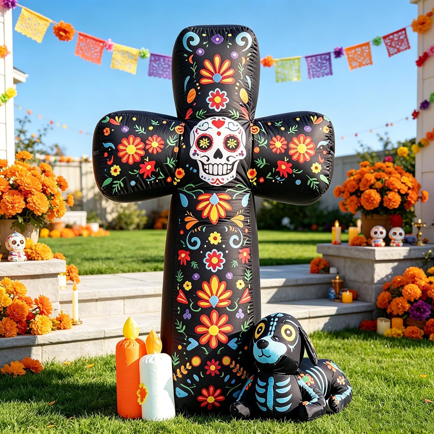 6 FT Halloween Inflatable Outdoor Decorations, Day of the Dead Cross Blow Up with Skeleton Dog & Candles