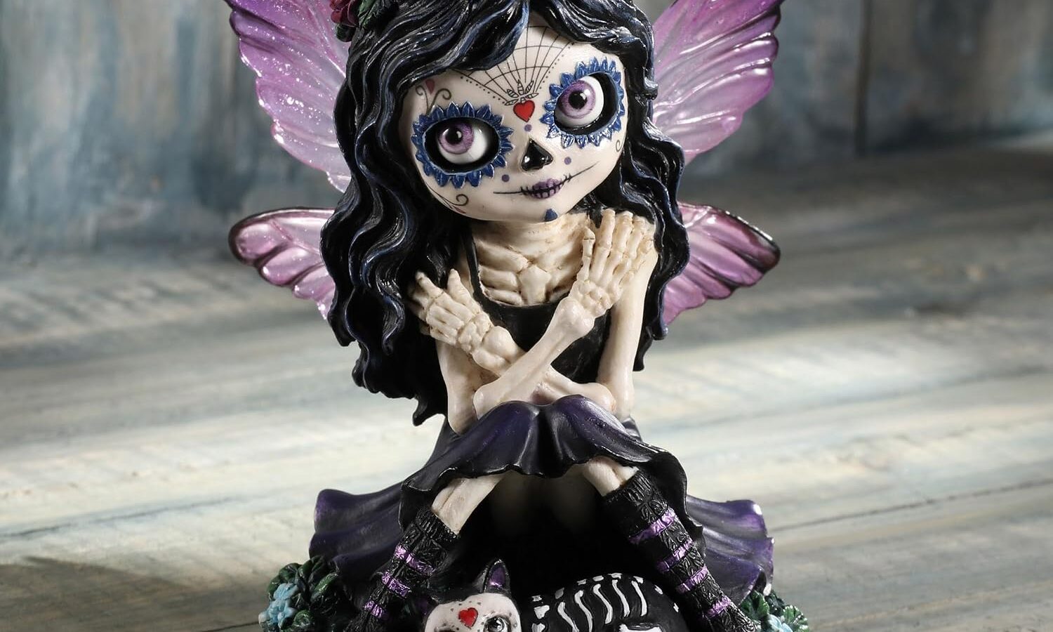 Day of The Dead Sugar Skull Butterfly Fairy Petting Cat Resin Hand Painted Figurine