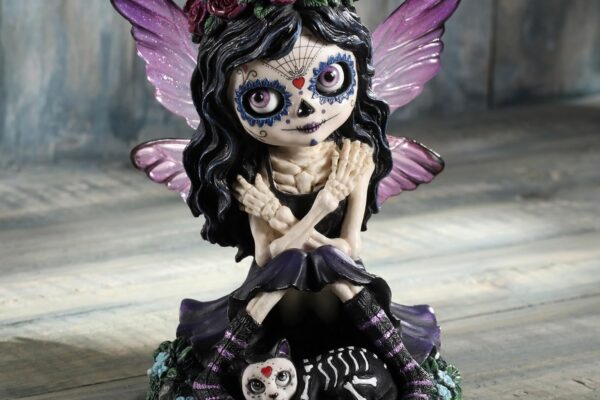Day of The Dead Sugar Skull Butterfly Fairy Petting Cat Resin Hand Painted Figurine