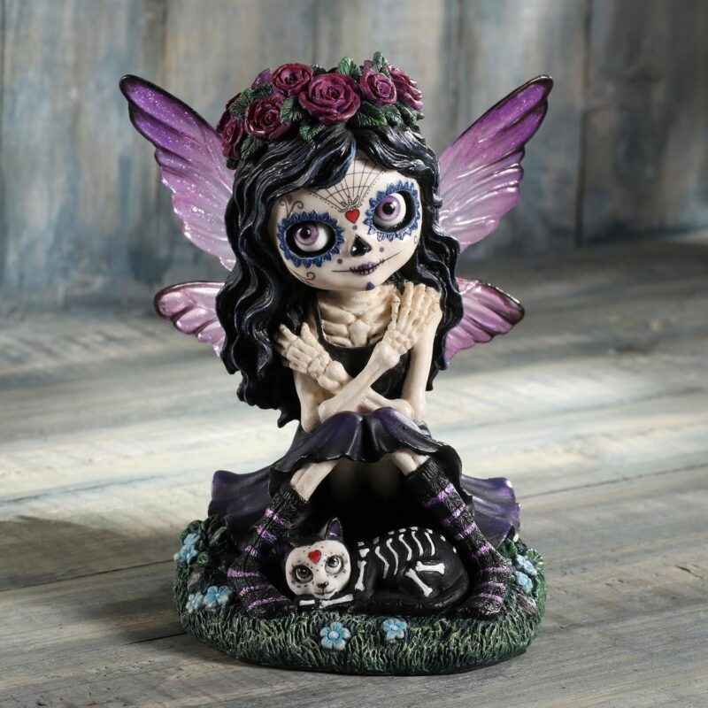 Day of The Dead Sugar Skull Butterfly Fairy Petting Cat Resin Hand Painted Figurine