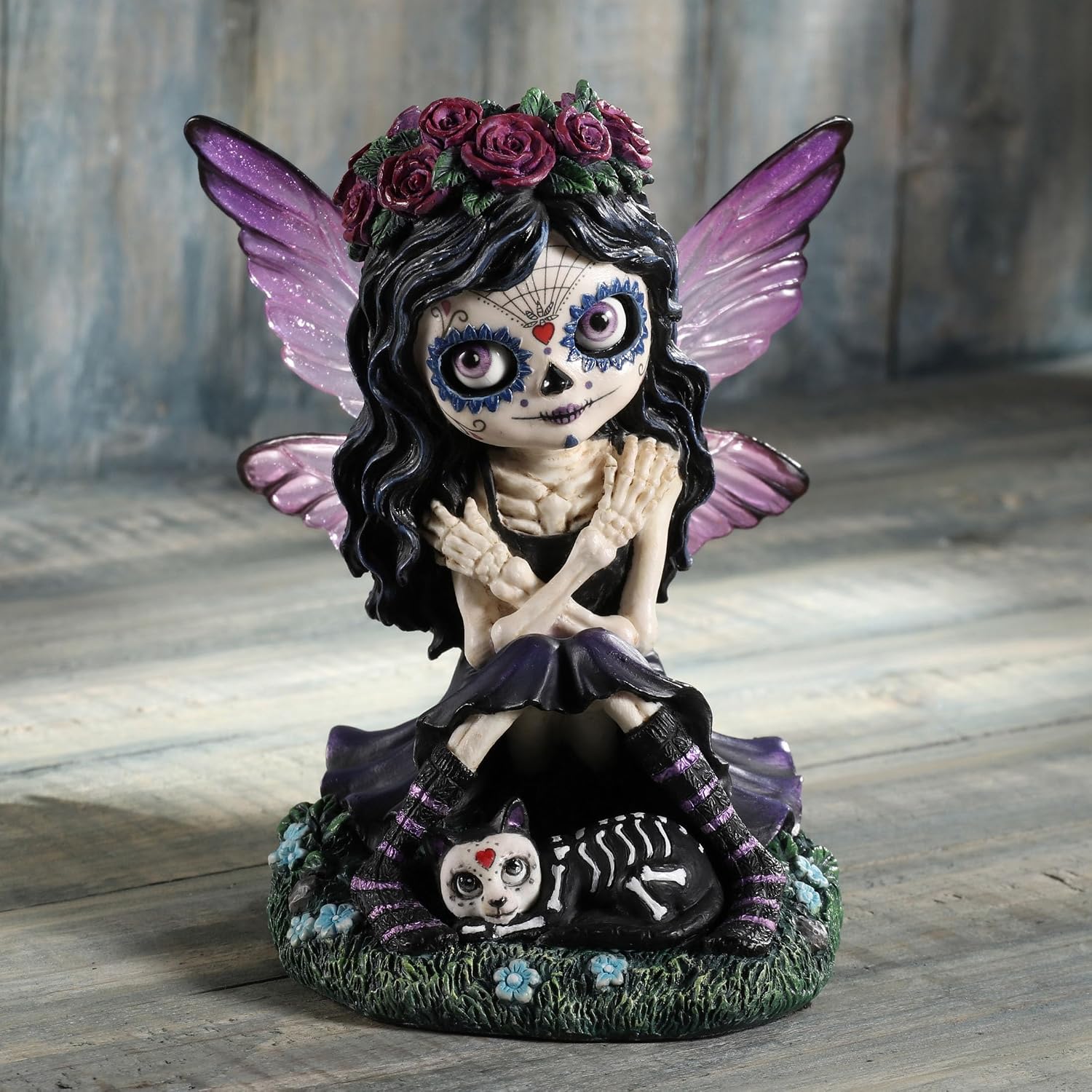 Day of The Dead Sugar Skull Butterfly Fairy Petting Cat Resin Hand Painted Figurine