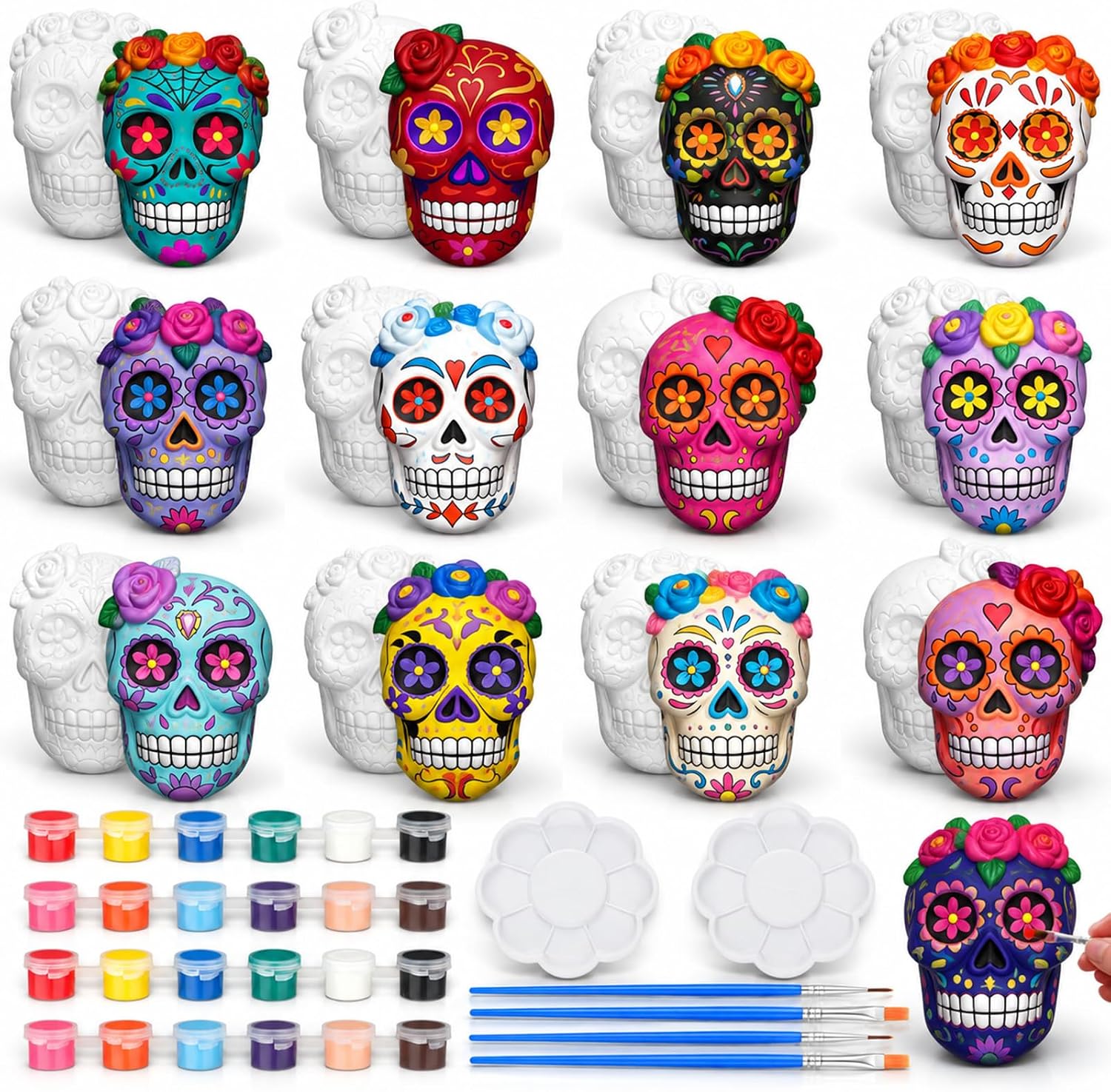 12 Set Halloween Skull Ceramic Figure DIY Sugar Skull Kit Unpainted