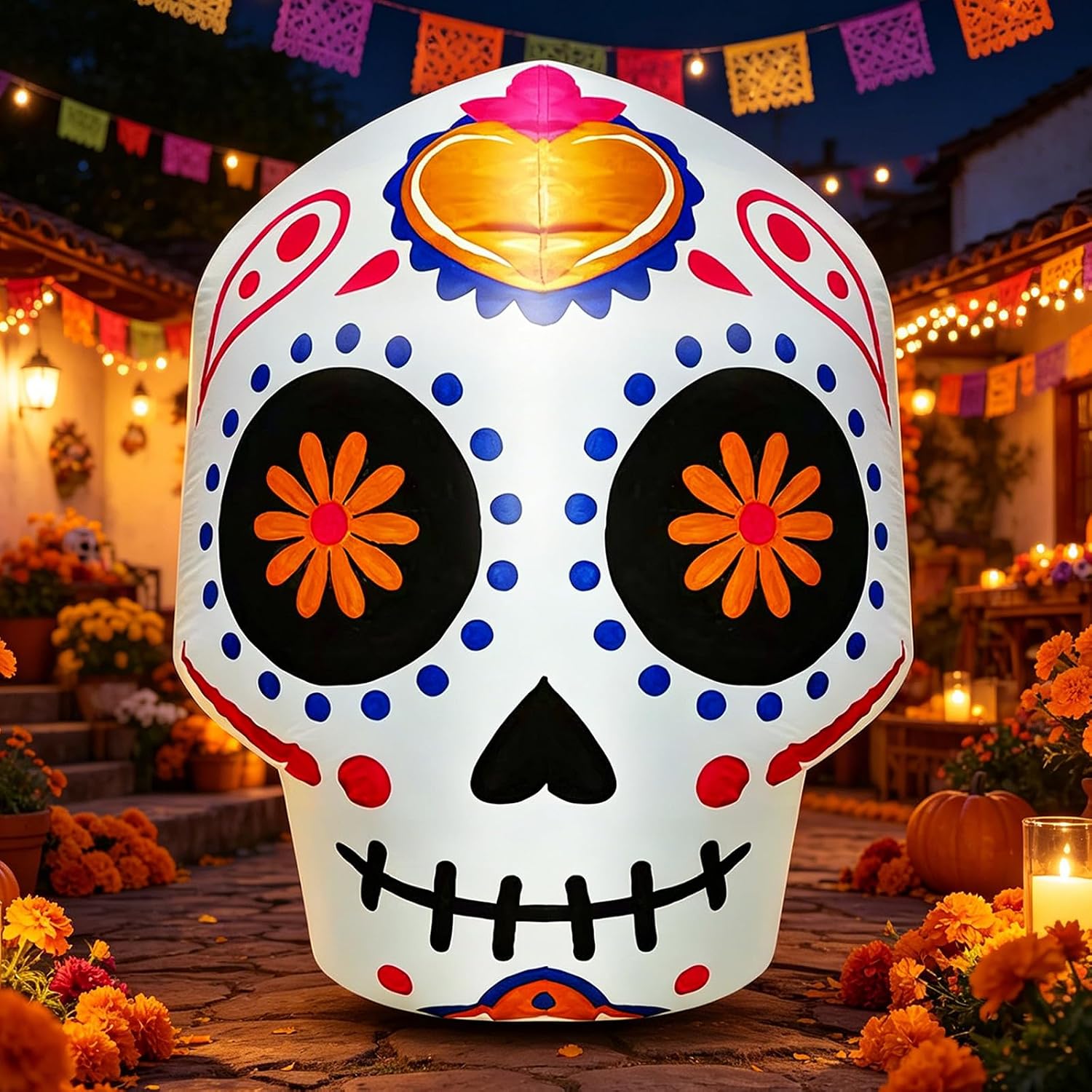 Halloween Inflatable Decoration 3.5 FT Colorful Skull Outdoor Decoration with LED Lights