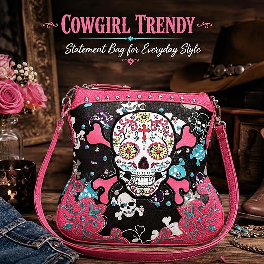 Gothic Sugar Skull Crossbody Purse for Women Rhinestone Studs Shoulder Bag
