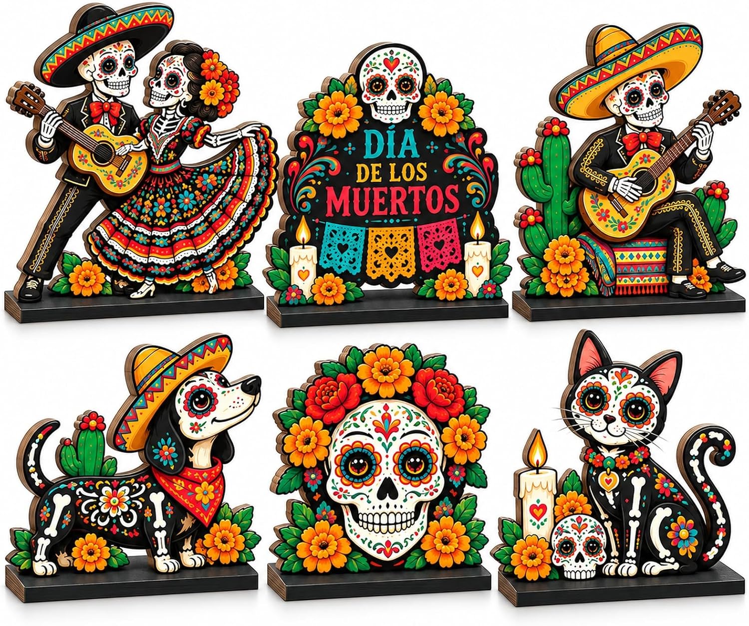 6 Pack Day Of The Dead Decor, Wooden Sugar Skull Decor Tabletop Set