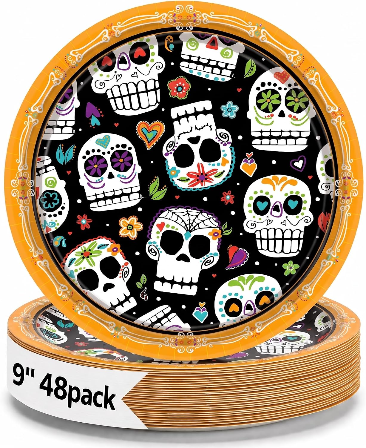 Party Solids Halloween Plates 48 Ct Sugar Skull Day of the Dead Plates 9″