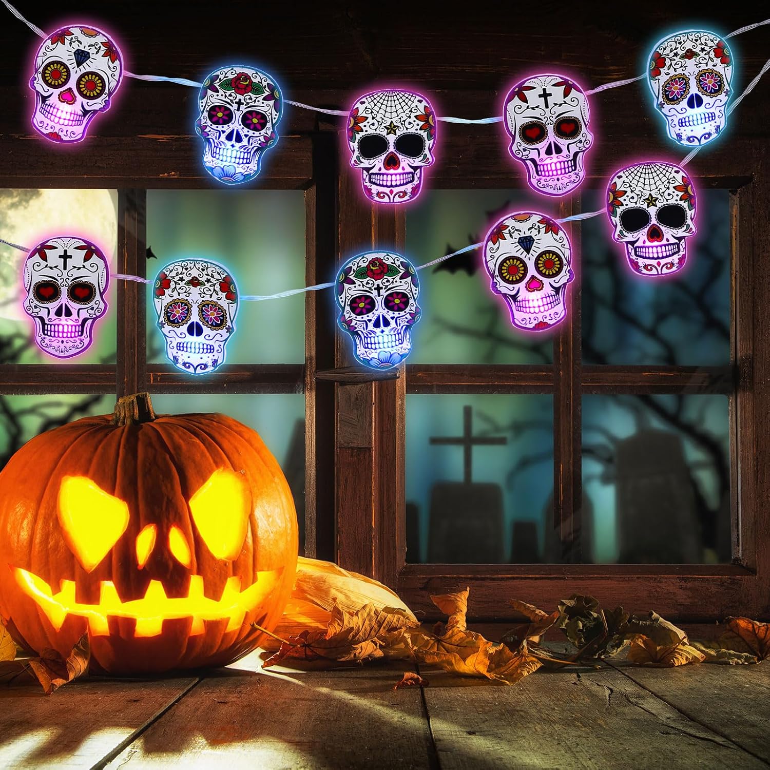 Ganeen 10 ft Halloween Sugar Skull LED String Lights Battery Operated