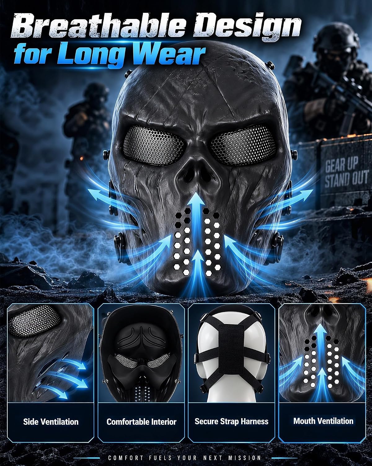 Scary Halloween Ghost Tactical Skeleton Mask with Metal Mesh Eye Protection