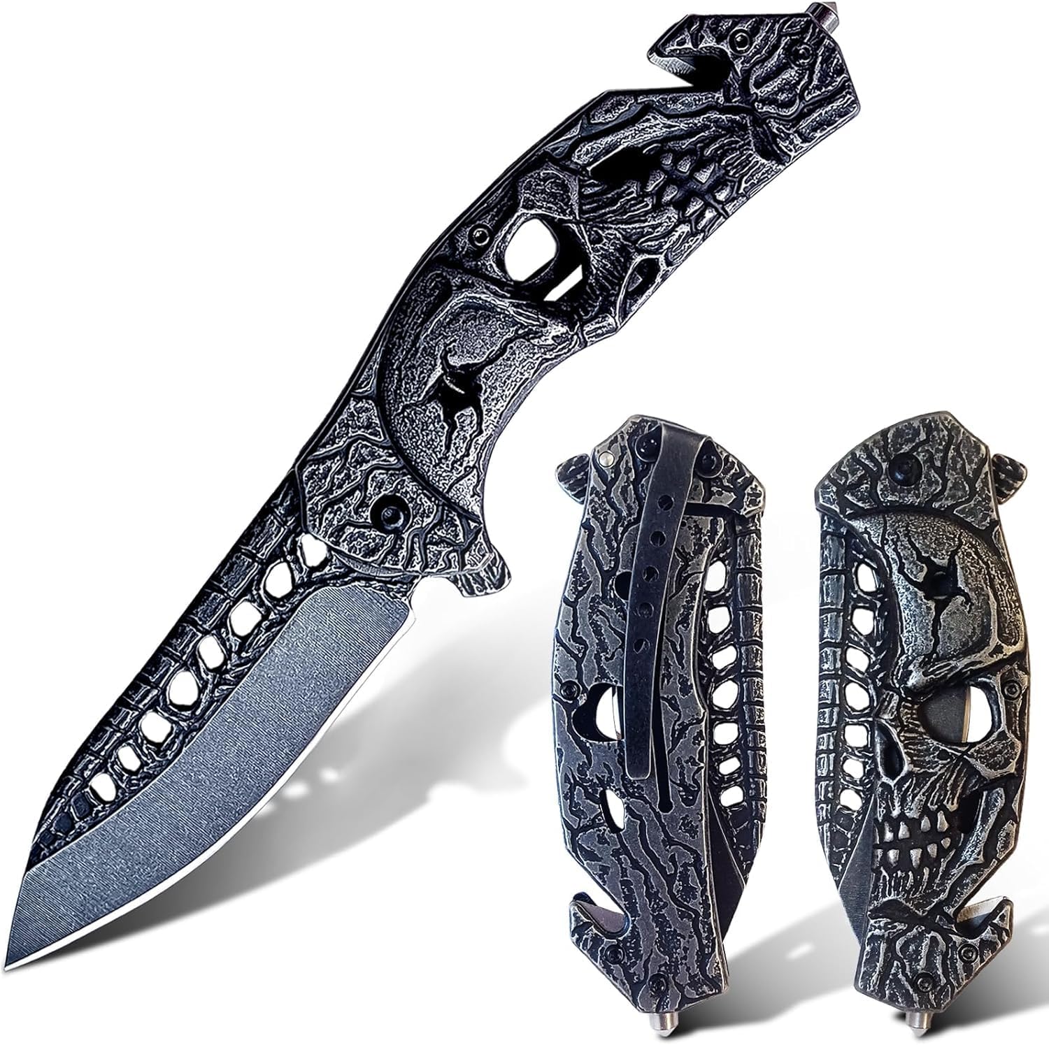 Pocket Folding Knife with Cool 3D Embossed Skull patterns, Great festival Christmas Gift EDC knife For Men Outdoor Survival Camping
