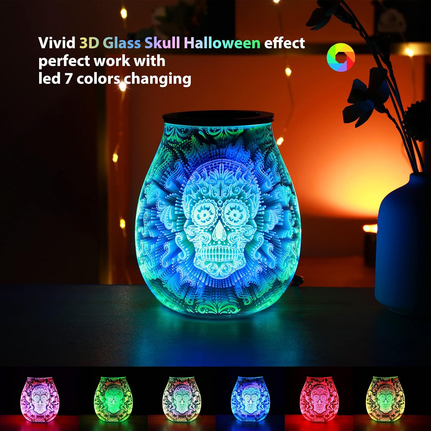 Inrorans Glass Electric Wax Melt Warmer Oil Burner with Stable Heating PTC Reusable Silicone Tray 7 Colorful Changing