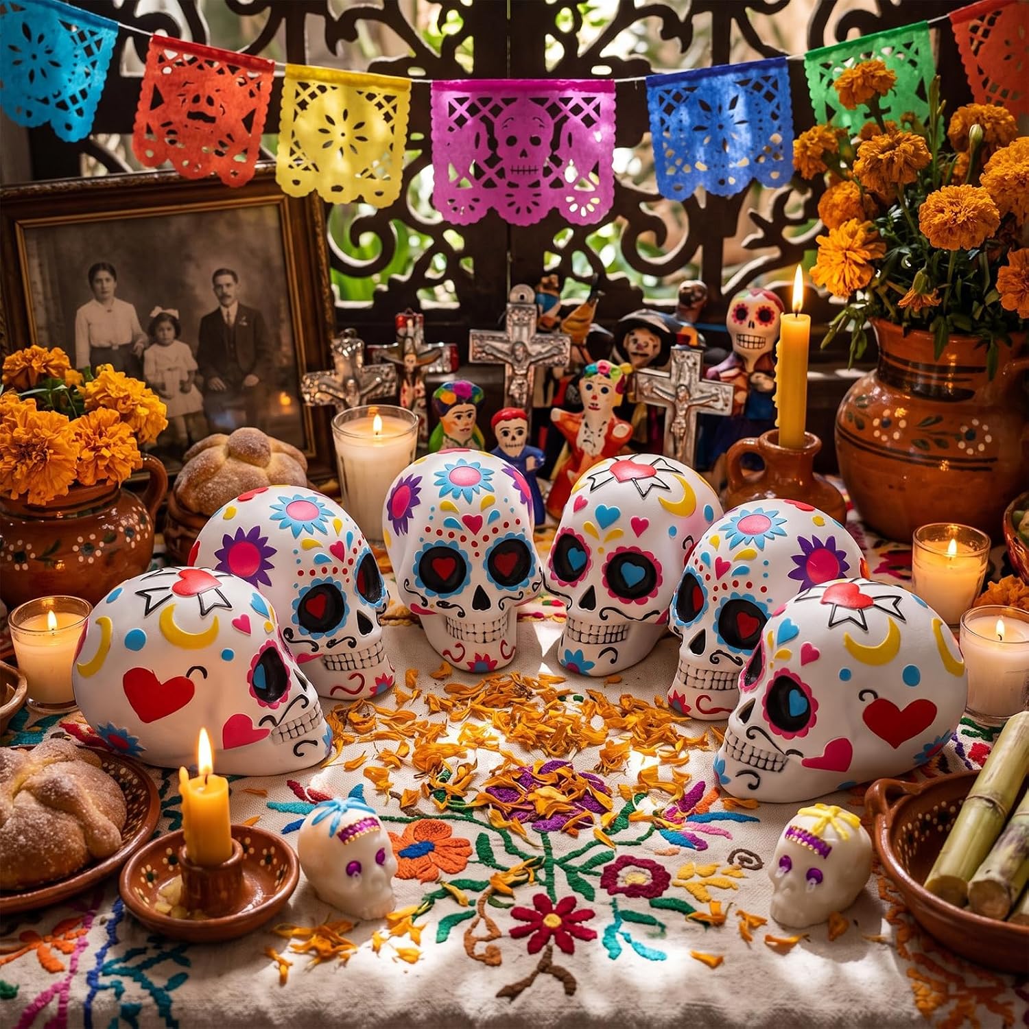 6 Pcs Day of the Dead Colorful Floral Sugar Skull Figurine